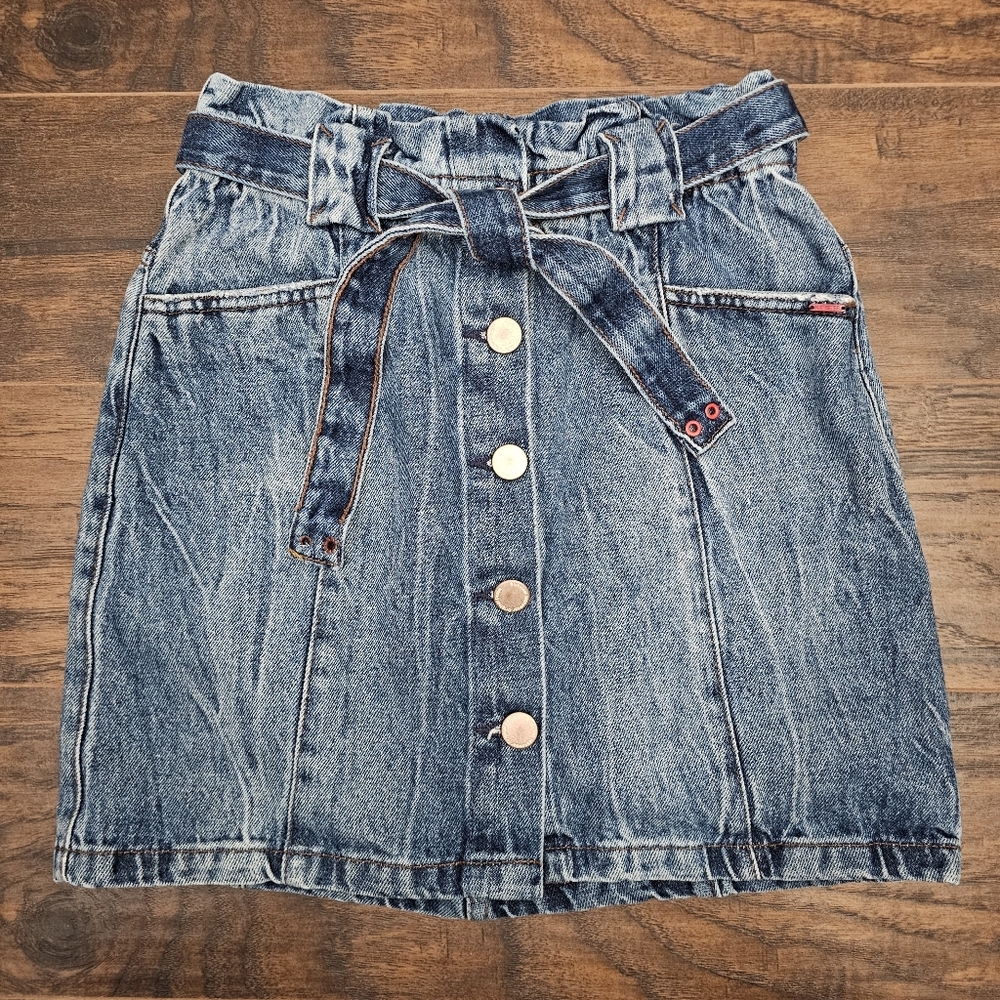 Bluesteel Jeanswear Mini Skirt Womens 36 Acid Wash Button Down Denim Tie‎ Belt